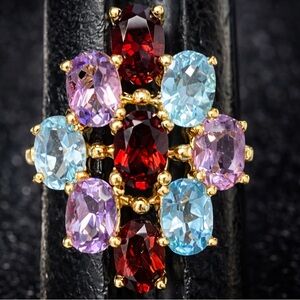 Suzanne Somers vintage blue topaz garnet amethyst statement cocktail ring gold